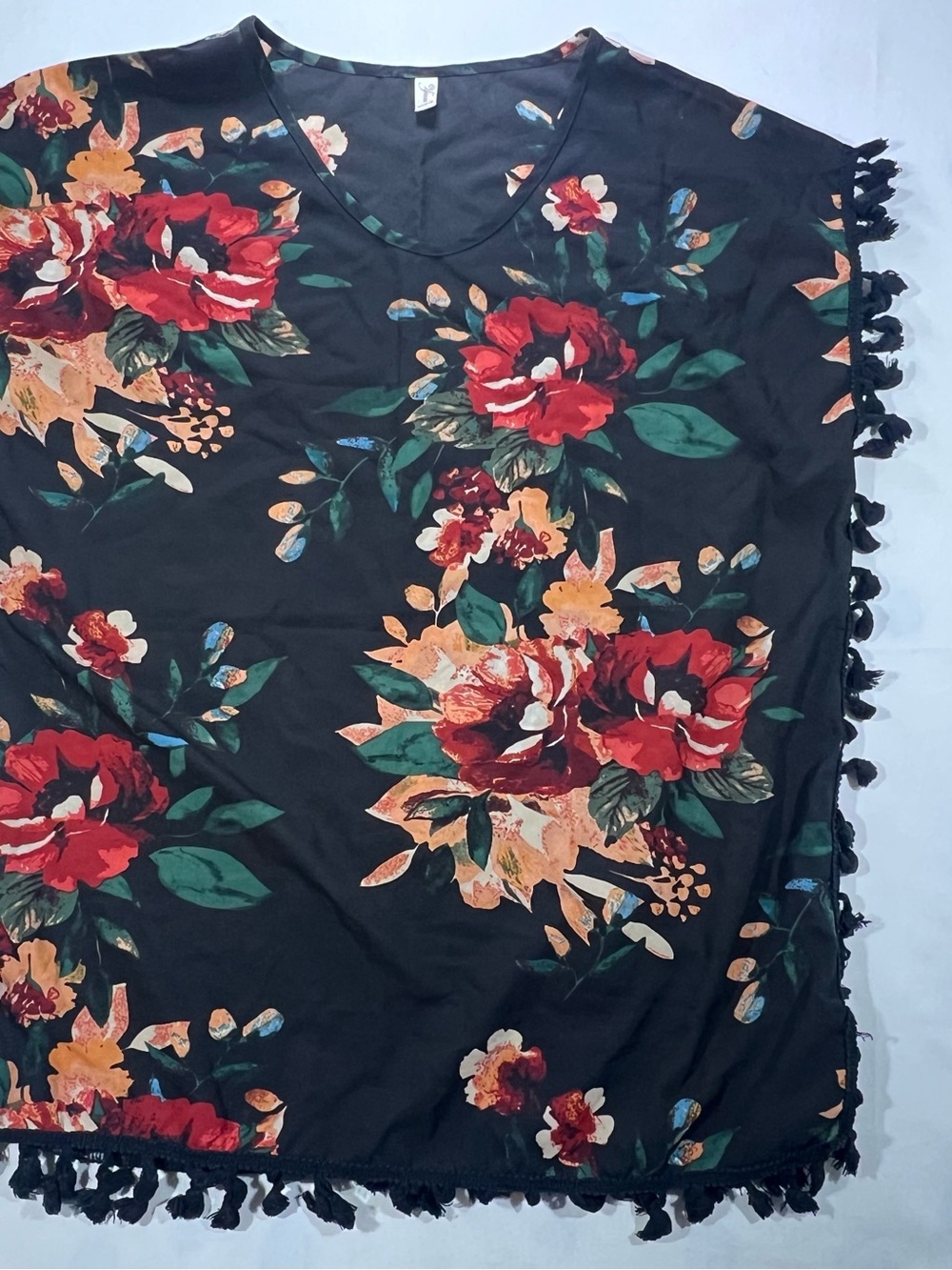 New Red Rose Tunic Top Floral Size 8 Loose Fit Tassels Yincro Black